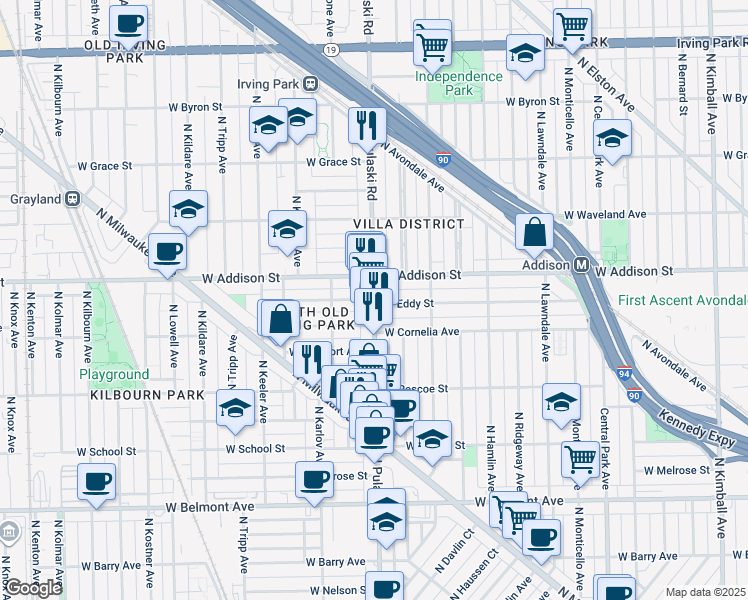 map of restaurants, bars, coffee shops, grocery stores, and more near N Pulaski Rd & W Eddy St in Chicago