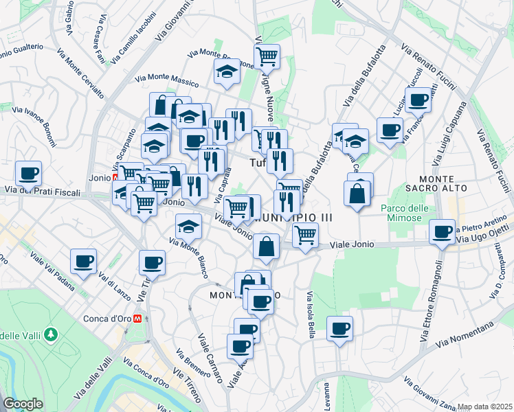 map of restaurants, bars, coffee shops, grocery stores, and more near 25 Via dei Monti Lepini in Rome