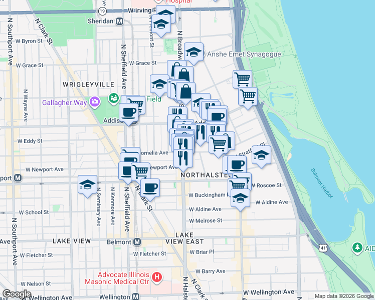 map of restaurants, bars, coffee shops, grocery stores, and more near 750 West Cornelia Avenue in Chicago