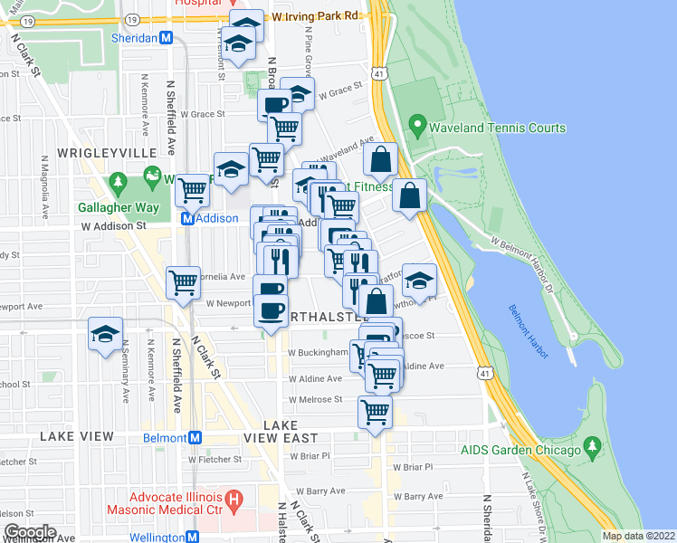 map of restaurants, bars, coffee shops, grocery stores, and more near 3500 North Broadway in Chicago
