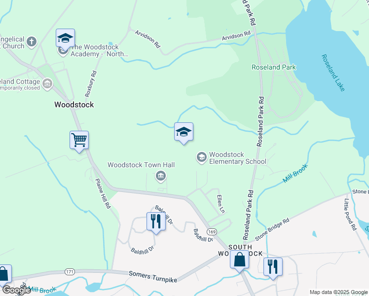 map of restaurants, bars, coffee shops, grocery stores, and more near 24 Frog Pond Road in Woodstock