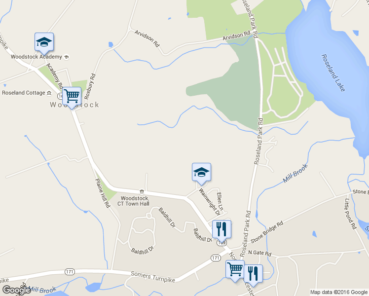 map of restaurants, bars, coffee shops, grocery stores, and more near 24 Frog Pond Road in Woodstock