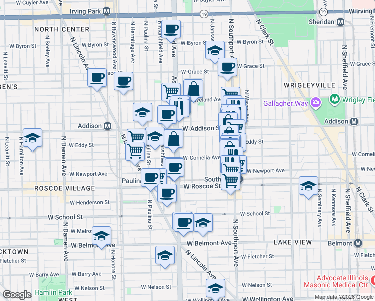 map of restaurants, bars, coffee shops, grocery stores, and more near 3527 North Bosworth Avenue in Chicago