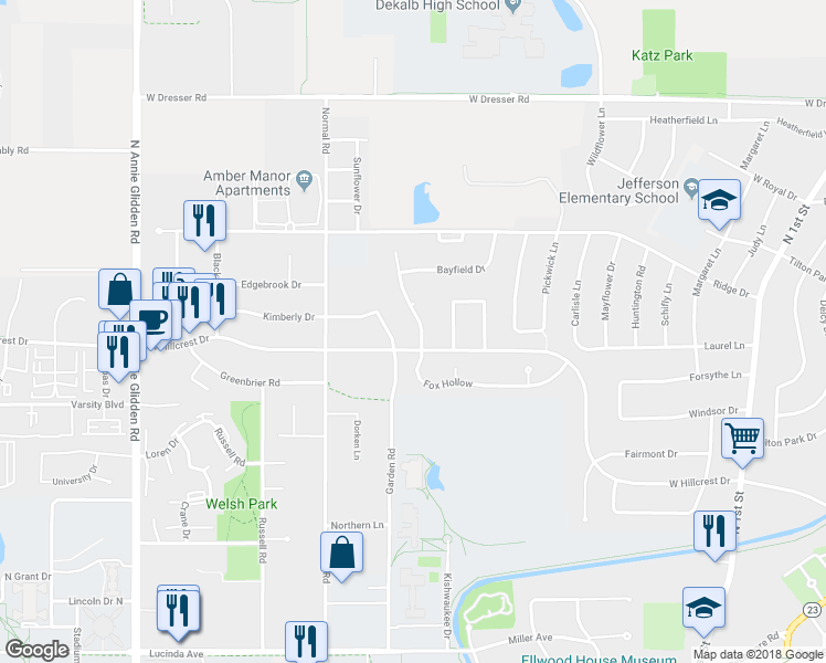 map of restaurants, bars, coffee shops, grocery stores, and more near 1023 Fox Hollow in DeKalb