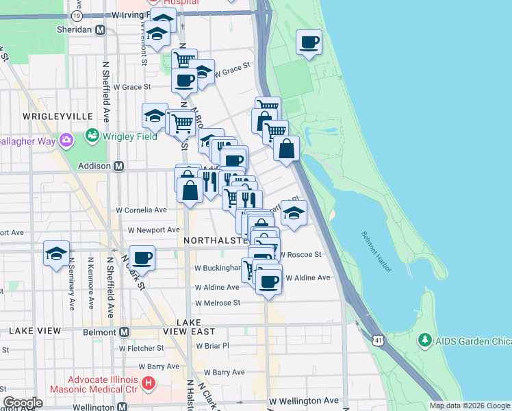 map of restaurants, bars, coffee shops, grocery stores, and more near 617 West Cornelia Avenue in Chicago