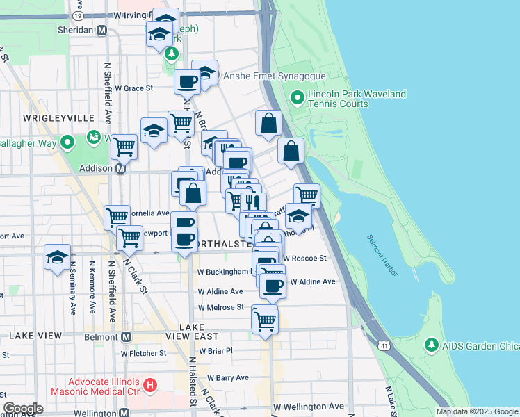 map of restaurants, bars, coffee shops, grocery stores, and more near 621 West Cornelia Avenue in Chicago