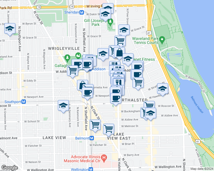 map of restaurants, bars, coffee shops, grocery stores, and more near 836 West Cornelia Avenue in Chicago