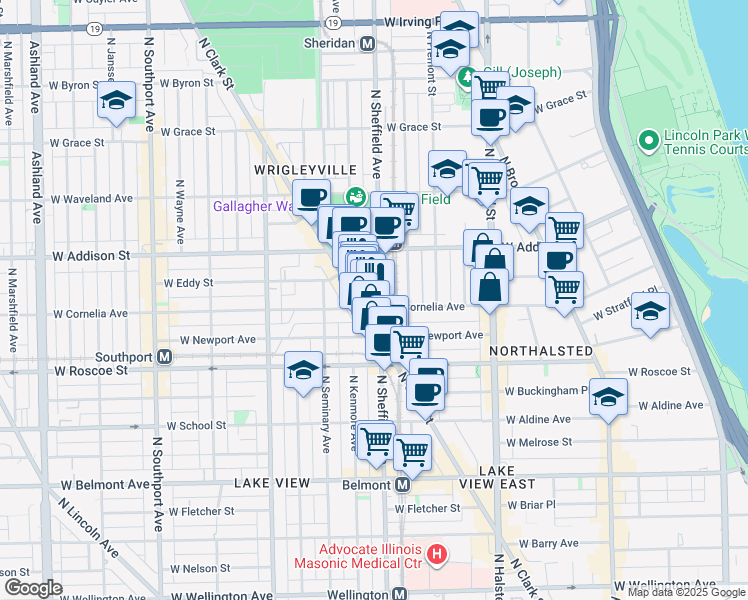 map of restaurants, bars, coffee shops, grocery stores, and more near 3519 North Sheffield Avenue in Chicago