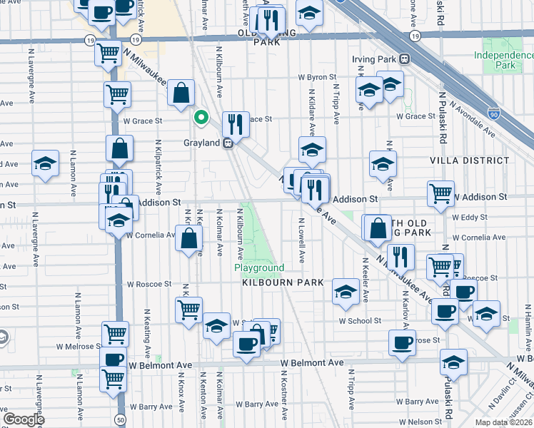 map of restaurants, bars, coffee shops, grocery stores, and more near 3548 North Kostner Avenue in Chicago