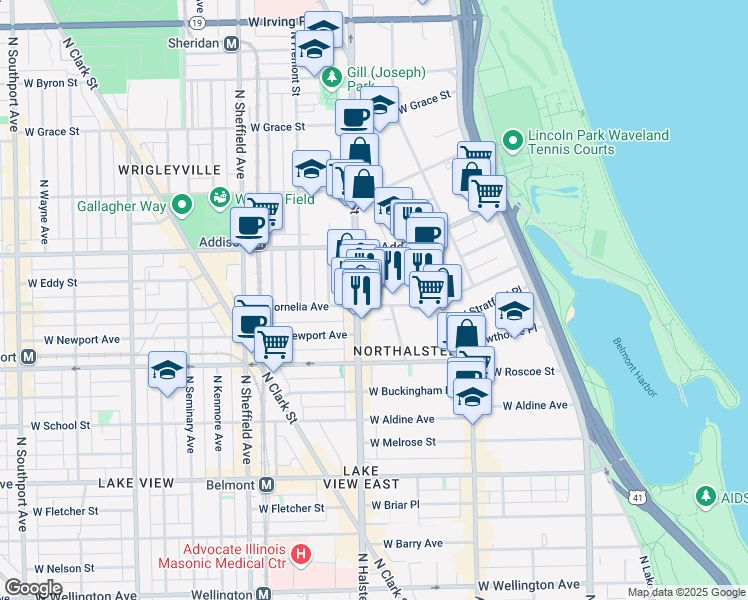 map of restaurants, bars, coffee shops, grocery stores, and more near 729 West Brompton Avenue in Chicago