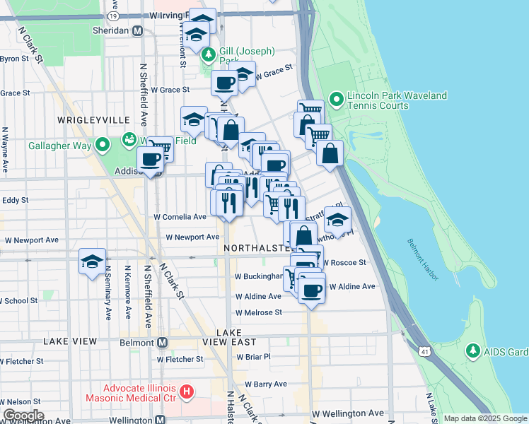map of restaurants, bars, coffee shops, grocery stores, and more near 664 West Cornelia Avenue in Chicago