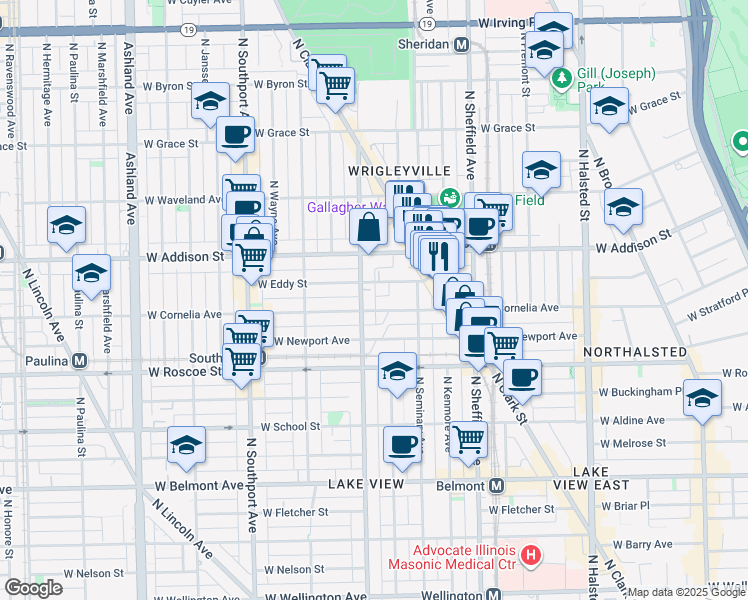 map of restaurants, bars, coffee shops, grocery stores, and more near 3509 North Racine Avenue in Chicago