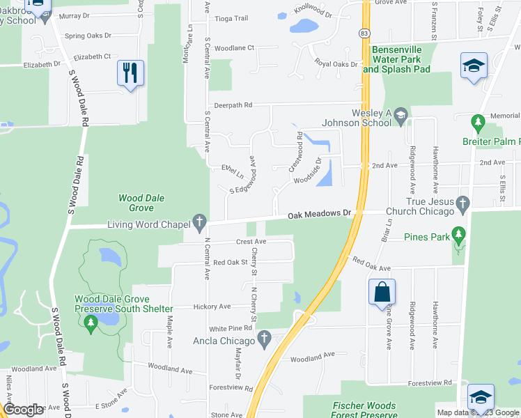 map of restaurants, bars, coffee shops, grocery stores, and more near 17W270 Oak Meadows Drive in Bensenville