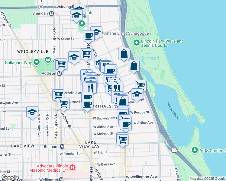 map of restaurants, bars, coffee shops, grocery stores, and more near 642 West Cornelia Avenue in Chicago