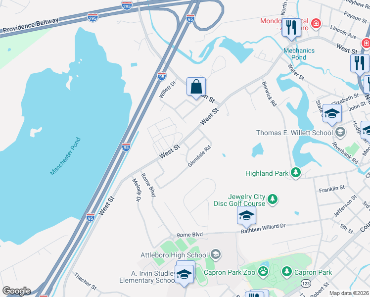 map of restaurants, bars, coffee shops, grocery stores, and more near 11 Edna Drive in Attleboro