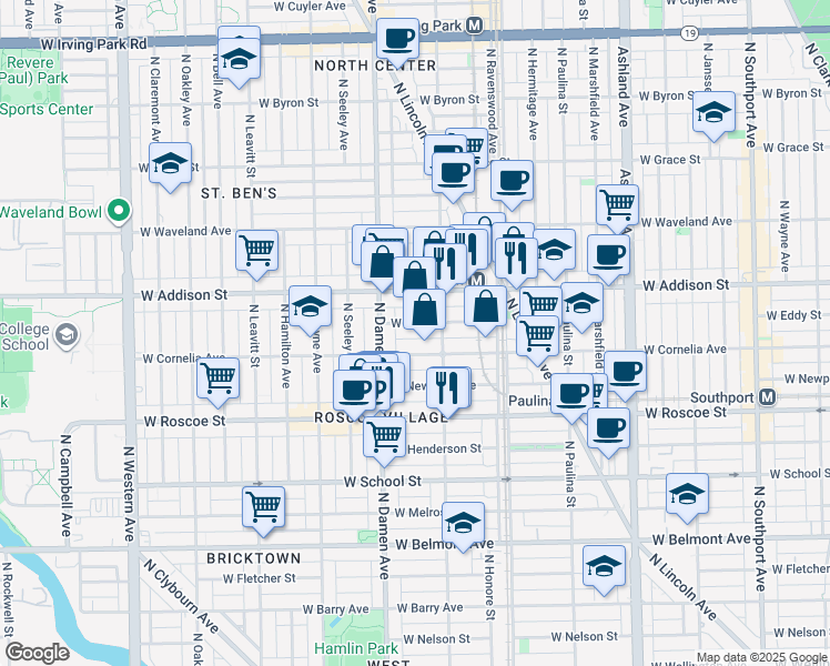 map of restaurants, bars, coffee shops, grocery stores, and more near 3534 North Wolcott Avenue in Chicago