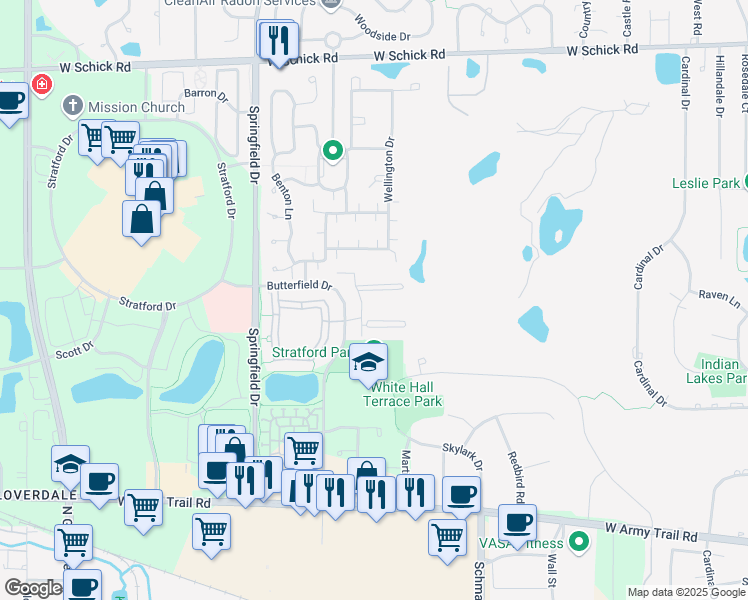 map of restaurants, bars, coffee shops, grocery stores, and more near 127 Glengarry Drive in Bloomingdale