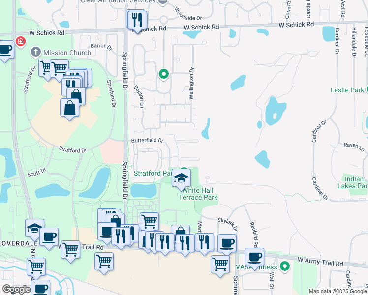 map of restaurants, bars, coffee shops, grocery stores, and more near 214 Glengarry Drive in Bloomingdale