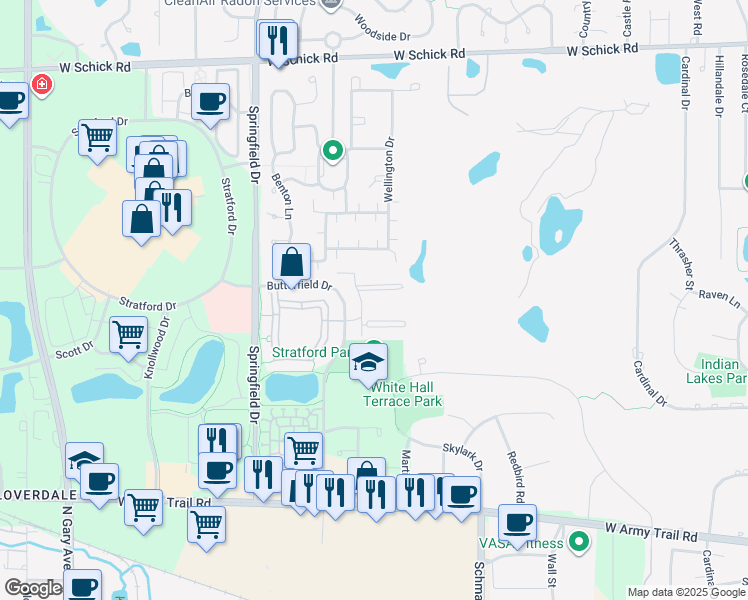 map of restaurants, bars, coffee shops, grocery stores, and more near 209 Glengarry Drive in Bloomingdale