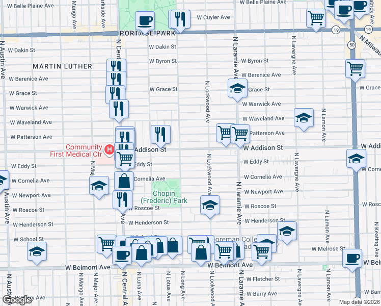 map of restaurants, bars, coffee shops, grocery stores, and more near 5324 West Addison Street in Chicago