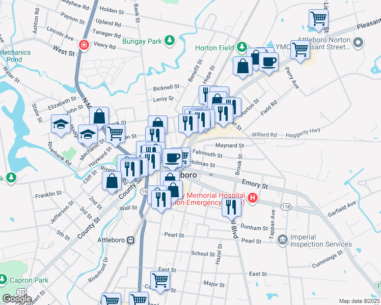 map of restaurants, bars, coffee shops, grocery stores, and more near 10 Falmouth Street in Attleboro