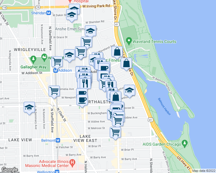 map of restaurants, bars, coffee shops, grocery stores, and more near 660 West Cornelia Avenue in Chicago