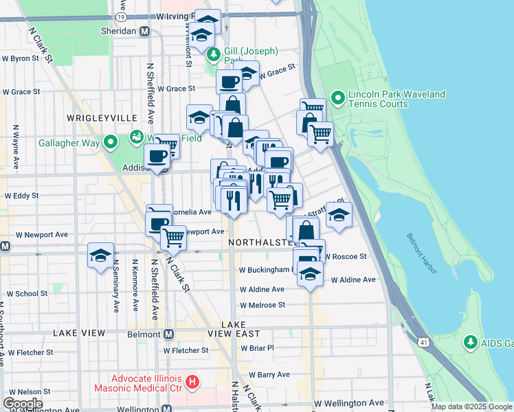 map of restaurants, bars, coffee shops, grocery stores, and more near 729 West Brompton Avenue in Chicago