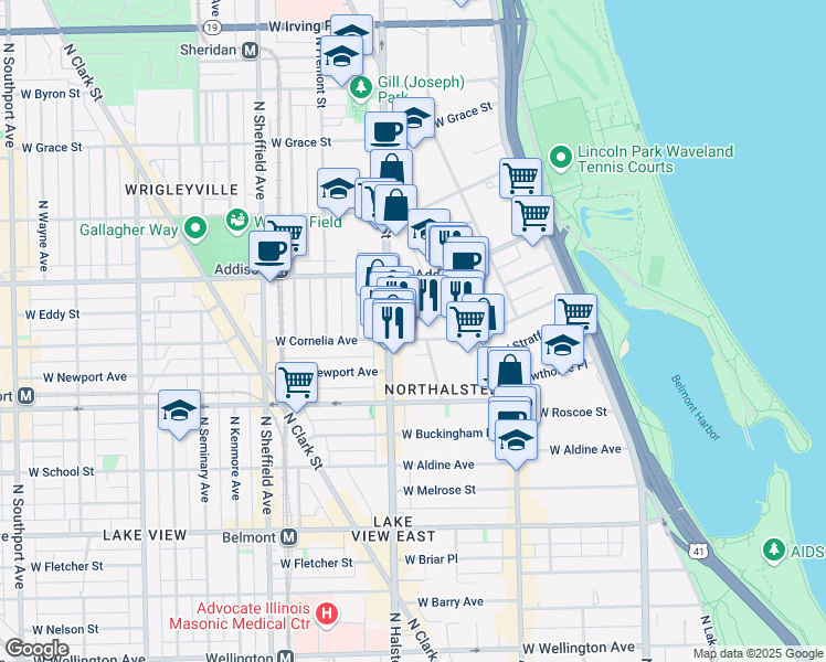 map of restaurants, bars, coffee shops, grocery stores, and more near 729 West Brompton Avenue in Chicago