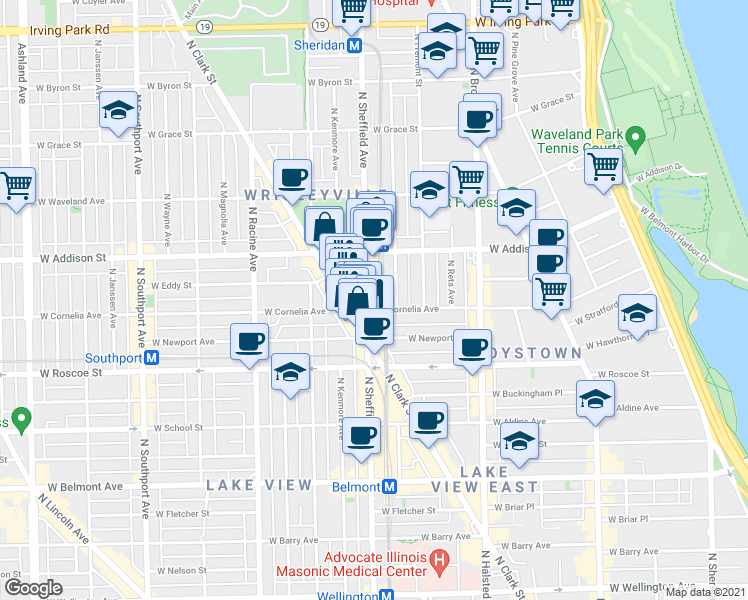 map of restaurants, bars, coffee shops, grocery stores, and more near 3519 North Sheffield Avenue in Chicago