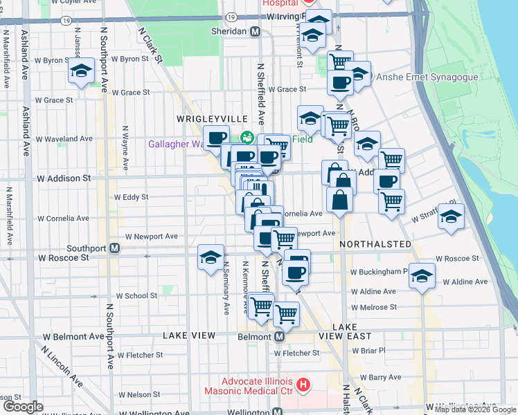 map of restaurants, bars, coffee shops, grocery stores, and more near 3519 North Sheffield Avenue in Chicago