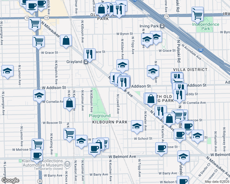 map of restaurants, bars, coffee shops, grocery stores, and more near 4331 West Addison Street in Chicago