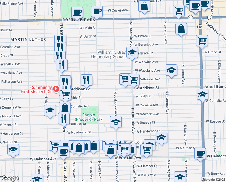 map of restaurants, bars, coffee shops, grocery stores, and more near 5253 West Addison Street in Chicago