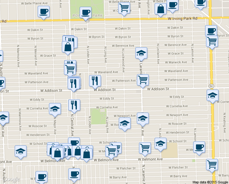 map of restaurants, bars, coffee shops, grocery stores, and more near 5324 West Addison Street in Chicago