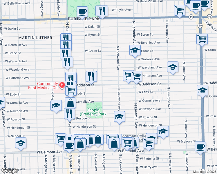 map of restaurants, bars, coffee shops, grocery stores, and more near 5324 West Addison Street in Chicago