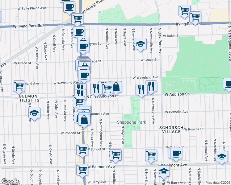 map of restaurants, bars, coffee shops, grocery stores, and more near 3618 North Nora Avenue in Chicago