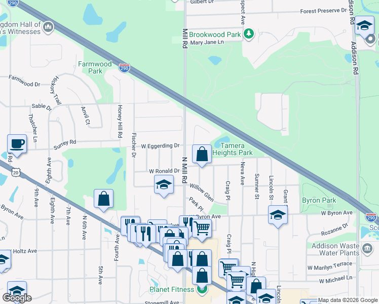 map of restaurants, bars, coffee shops, grocery stores, and more near 603 West Eggerding Drive in Addison