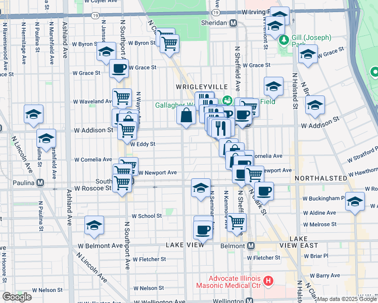 map of restaurants, bars, coffee shops, grocery stores, and more near 3511 North Racine Avenue in Chicago