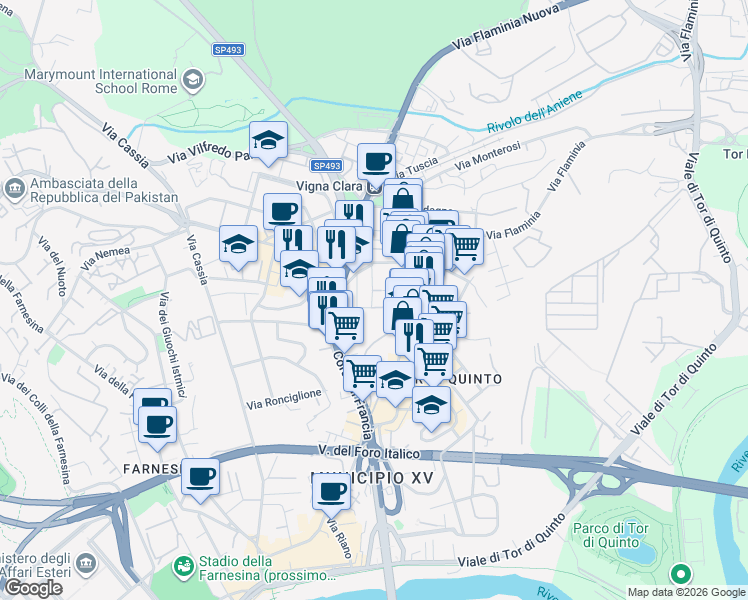 map of restaurants, bars, coffee shops, grocery stores, and more near 25 Via Francesco Borgatti in Roma