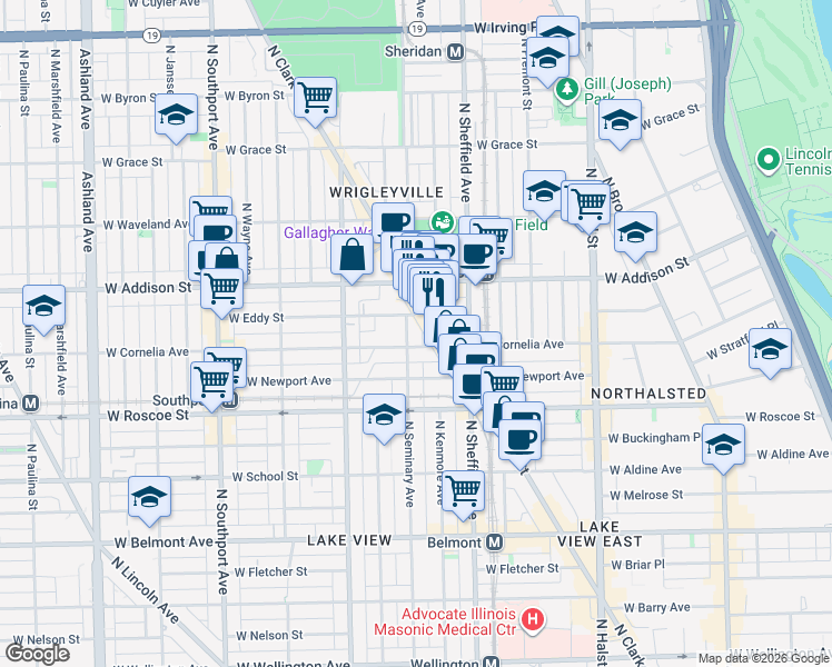 map of restaurants, bars, coffee shops, grocery stores, and more near 3511 North Seminary Avenue in Chicago