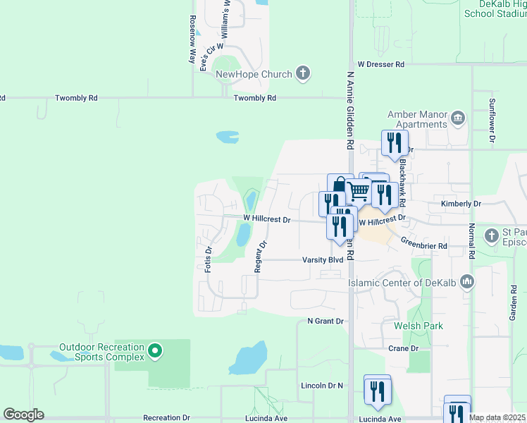 map of restaurants, bars, coffee shops, grocery stores, and more near 1005 Regent Drive in DeKalb