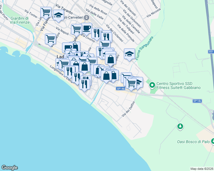 map of restaurants, bars, coffee shops, grocery stores, and more near 1 Via del Tritone in Ladispoli