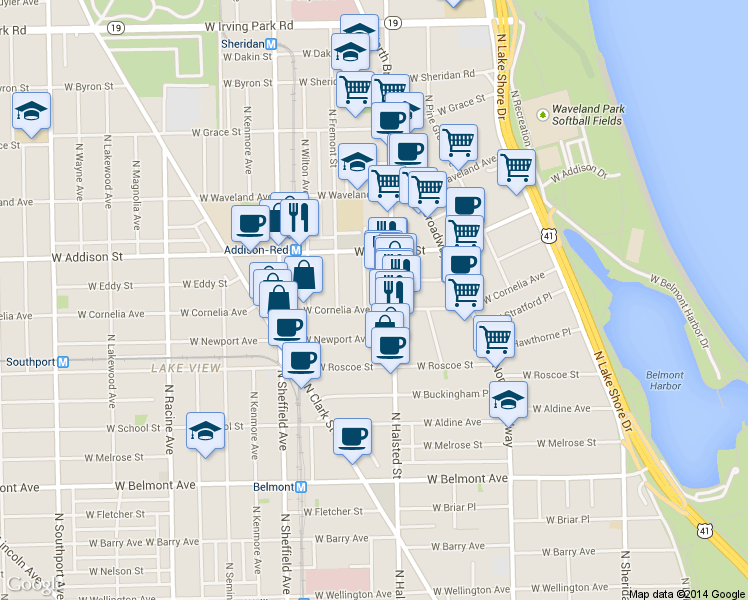 map of restaurants, bars, coffee shops, grocery stores, and more near 3516 North Reta Avenue in Chicago