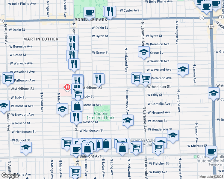 map of restaurants, bars, coffee shops, grocery stores, and more near 5400 West Addison Street in Chicago