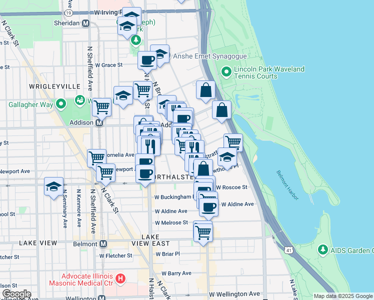 map of restaurants, bars, coffee shops, grocery stores, and more near 638 West Cornelia Avenue in Chicago