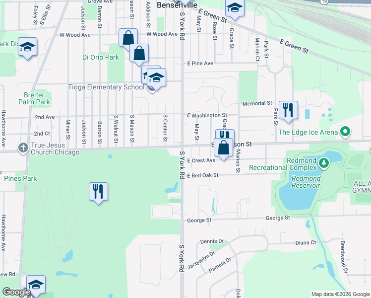 map of restaurants, bars, coffee shops, grocery stores, and more near 28 East Jefferson Street in Bensenville