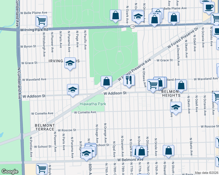map of restaurants, bars, coffee shops, grocery stores, and more near 7843 West Forest Preserve Drive in Chicago