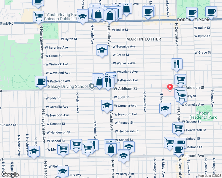 map of restaurants, bars, coffee shops, grocery stores, and more near W Addison St & N Austin Ave in Chicago