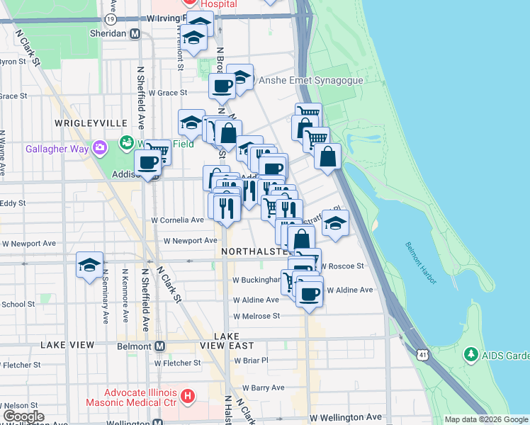 map of restaurants, bars, coffee shops, grocery stores, and more near 656 West Cornelia Avenue in Chicago