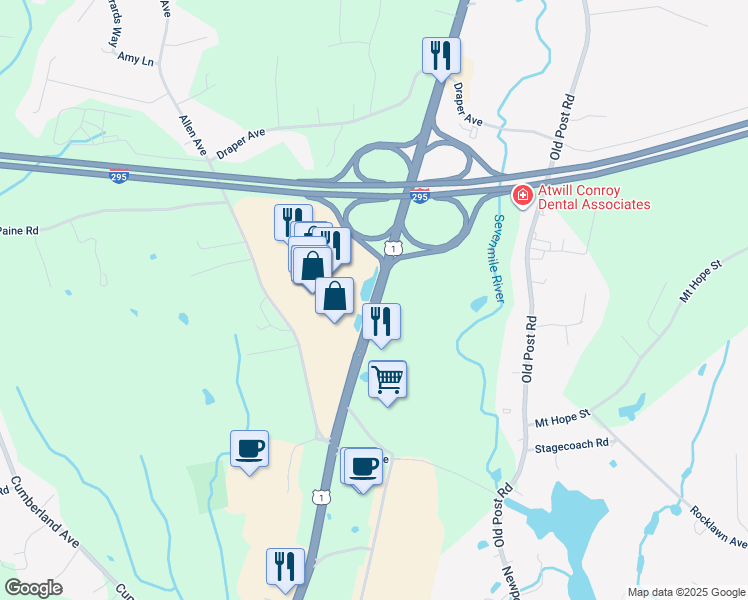 map of restaurants, bars, coffee shops, grocery stores, and more near 1019 South Washington Street in North Attleborough