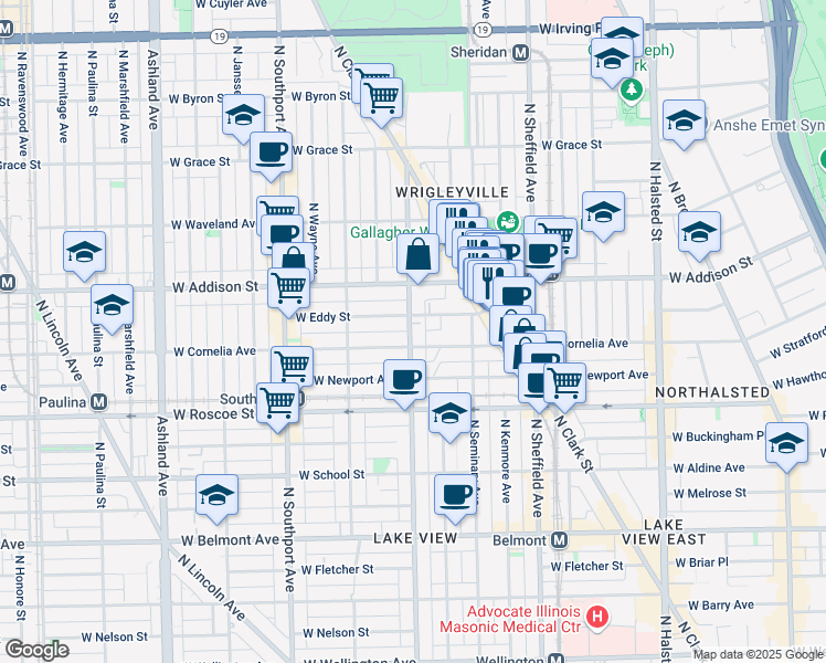 map of restaurants, bars, coffee shops, grocery stores, and more near 3509 North Racine Avenue in Chicago